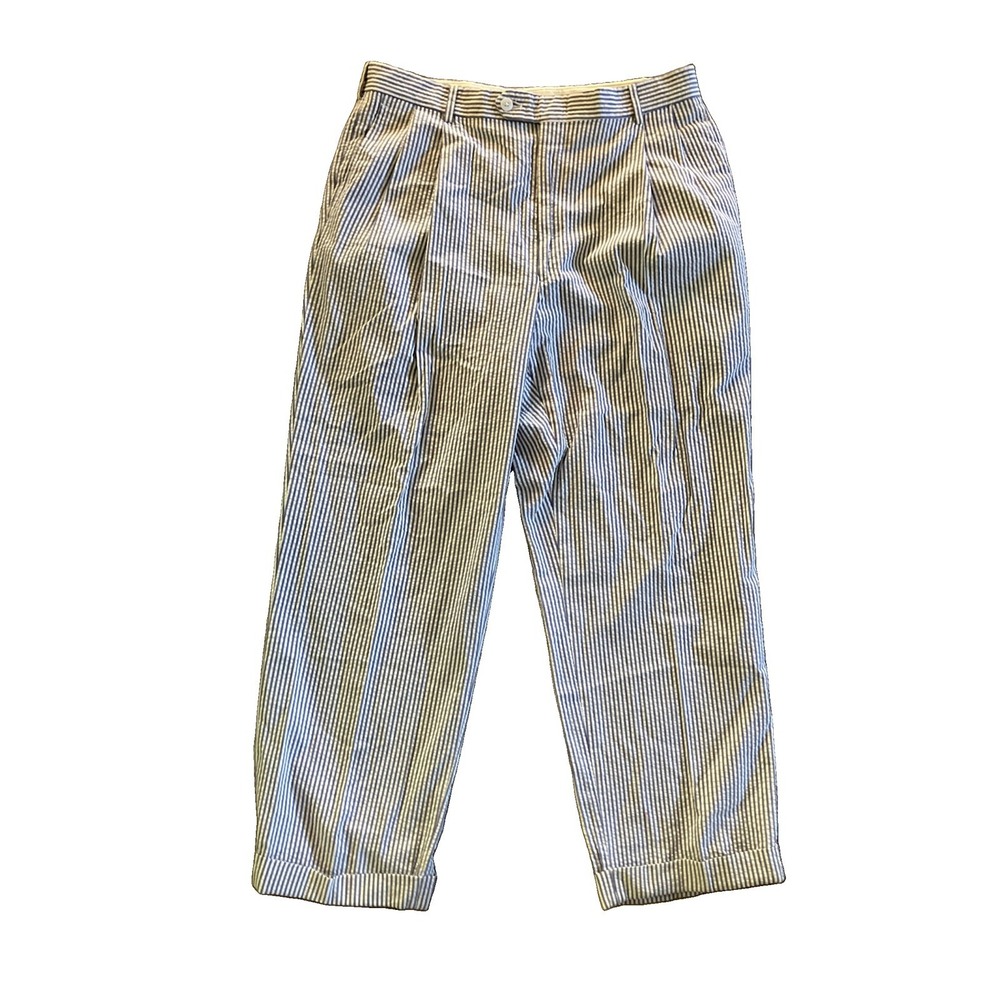 Berle Men's Seersucker Pants Sz 34 X28 Cotton Pleated Cuff Nautical VTG